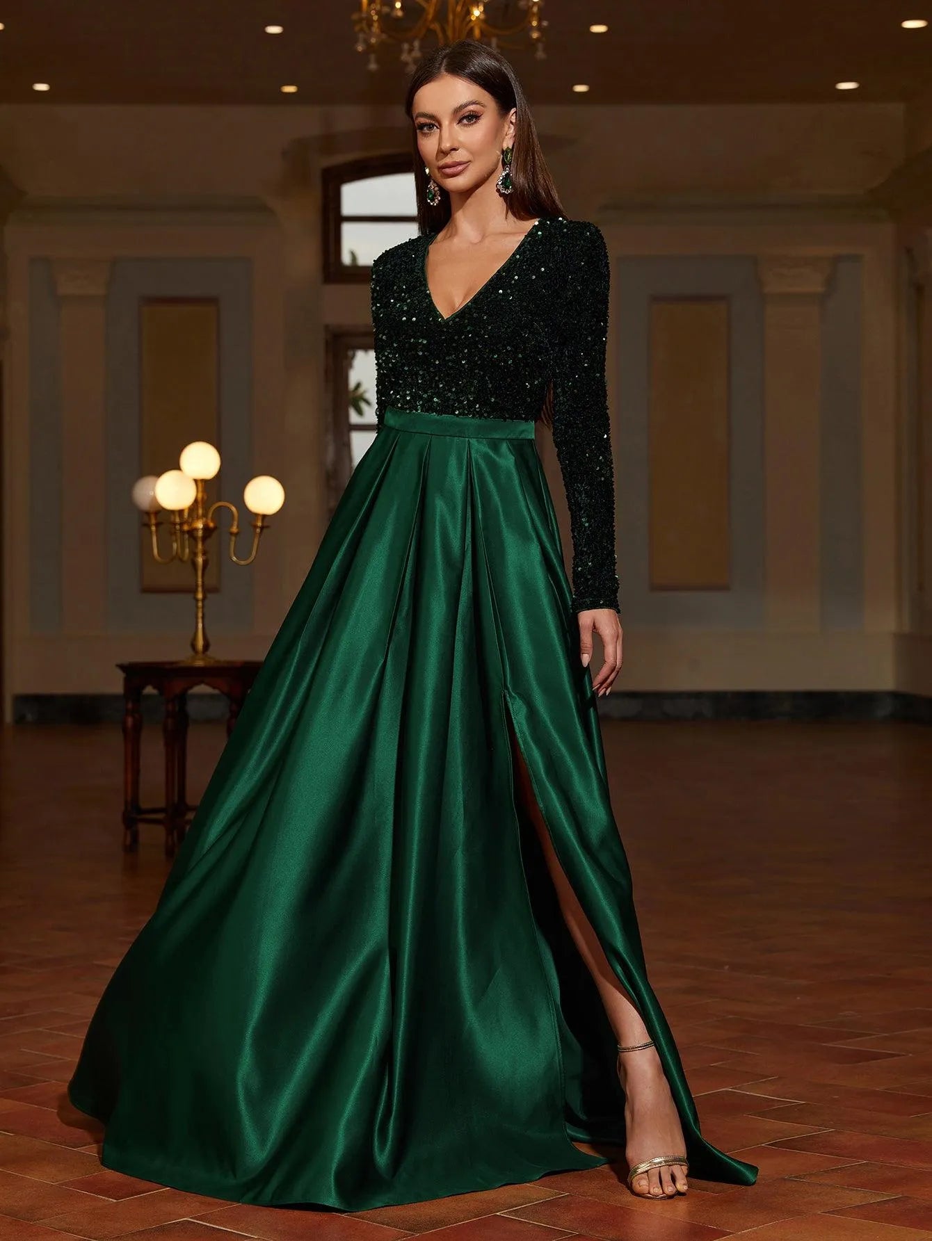 Plunging Neck Contrast Satin Sequin Formal Dress - Elonnashop