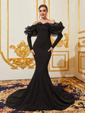 Dramatic Off-Shoulder Gown with Voluminous Sleeves - Elonnashop