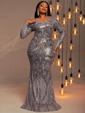 Plus Size Long Sleeve Sequin Mermaid Formal Dresses - Elonnashop