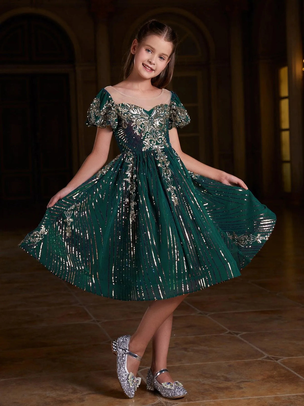 Tween Girls' Puff Sleeve Graphic Sequin Party Dress - Elonnashop