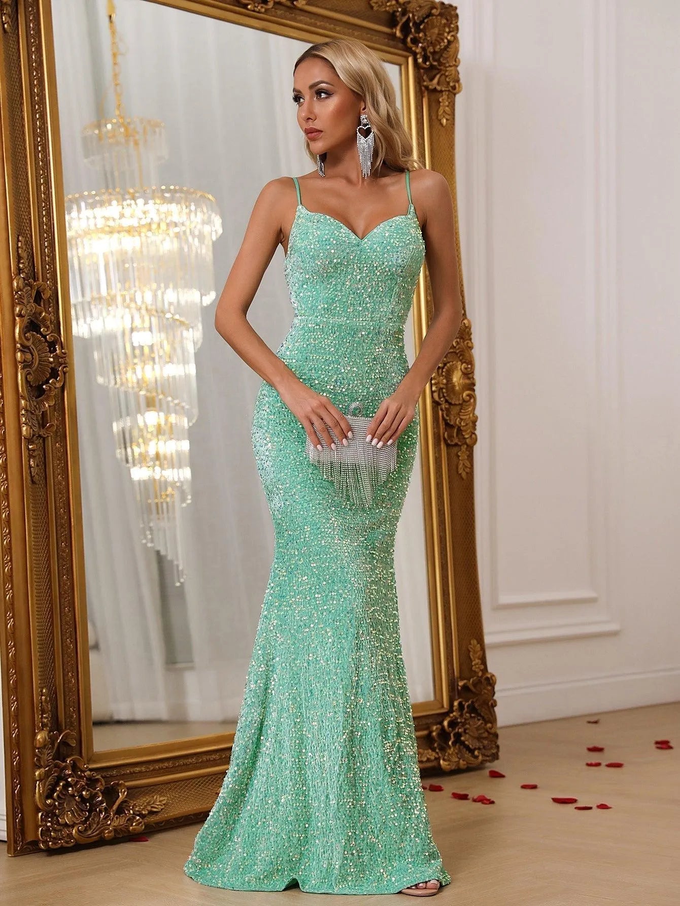 Elegant Spaghetti Straps Sequin Mermaid Dresses - Elonnashop