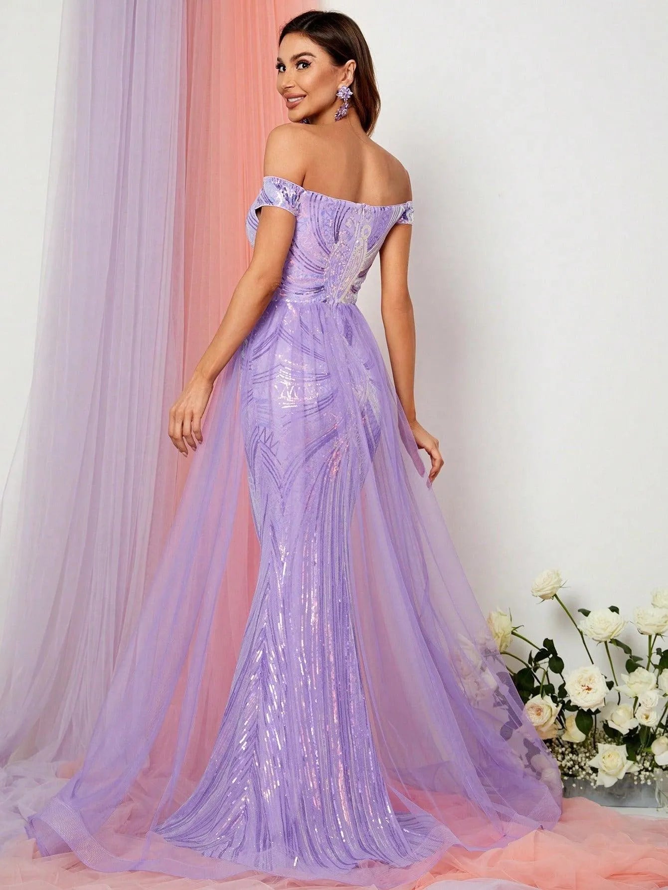 Off Shoulder Mesh Overlay Sequin Mermaid Prom Dress - Elonnashop