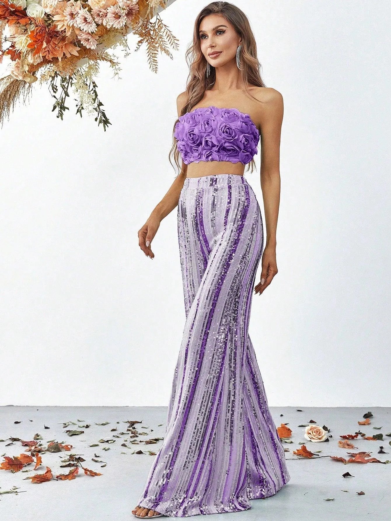 3D Flowers Tube Top & Sequin Wide Leg Pants - Elonnashop