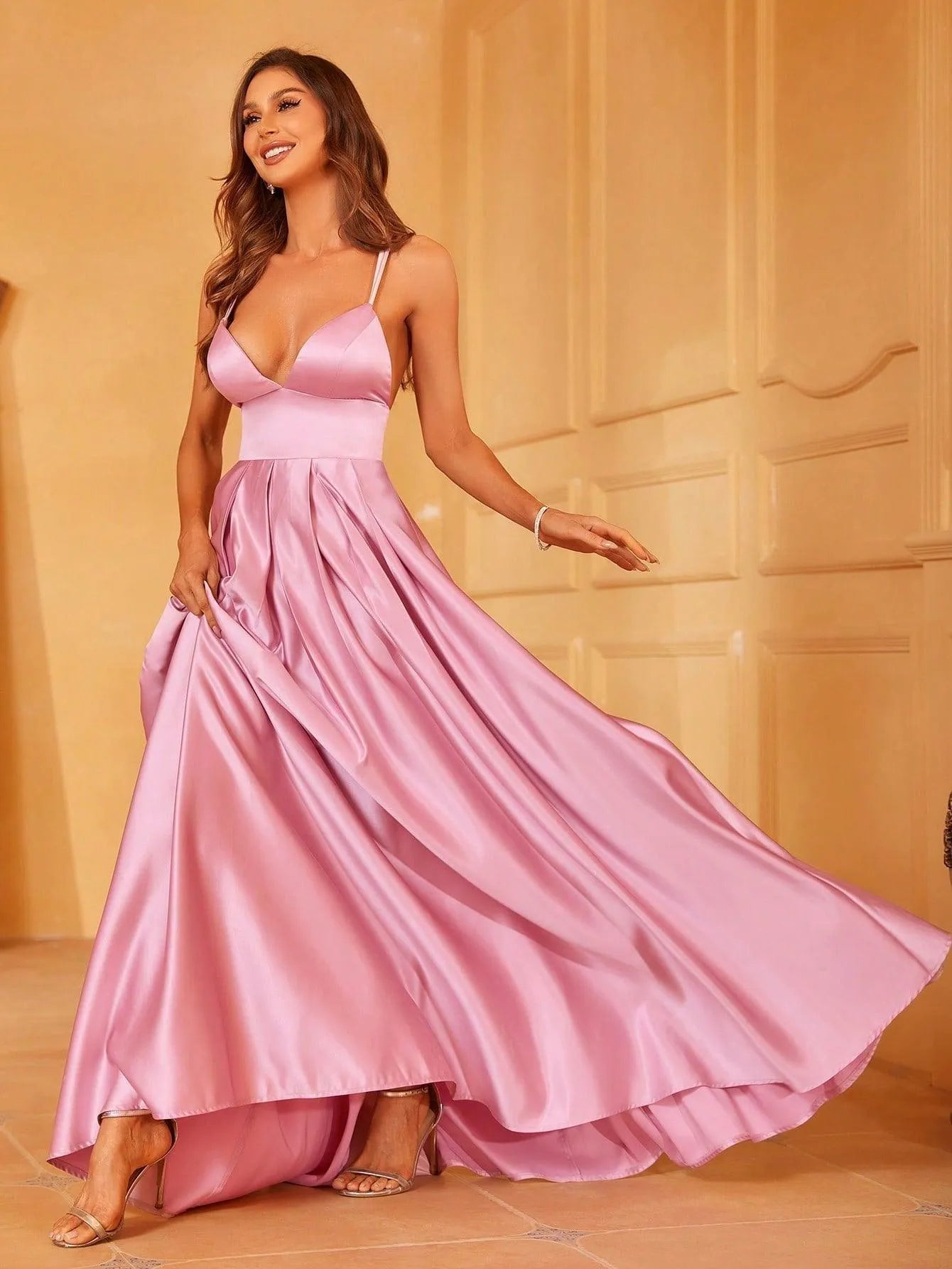 Plunging Neck Floor Length Satin Cami Party Dress - Elonnashop