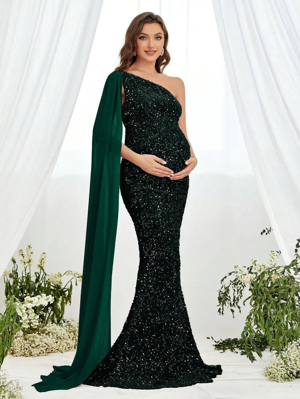 Maternity One Shoulder Draped Side Sequin Mermaid Dress - Elonnashop