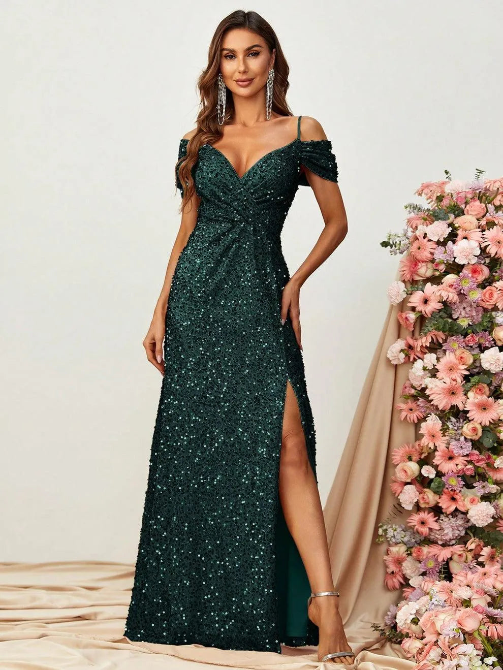 Off Shoulder Short Sleeve Sequin A Line Slit Dresses - Elonnashop