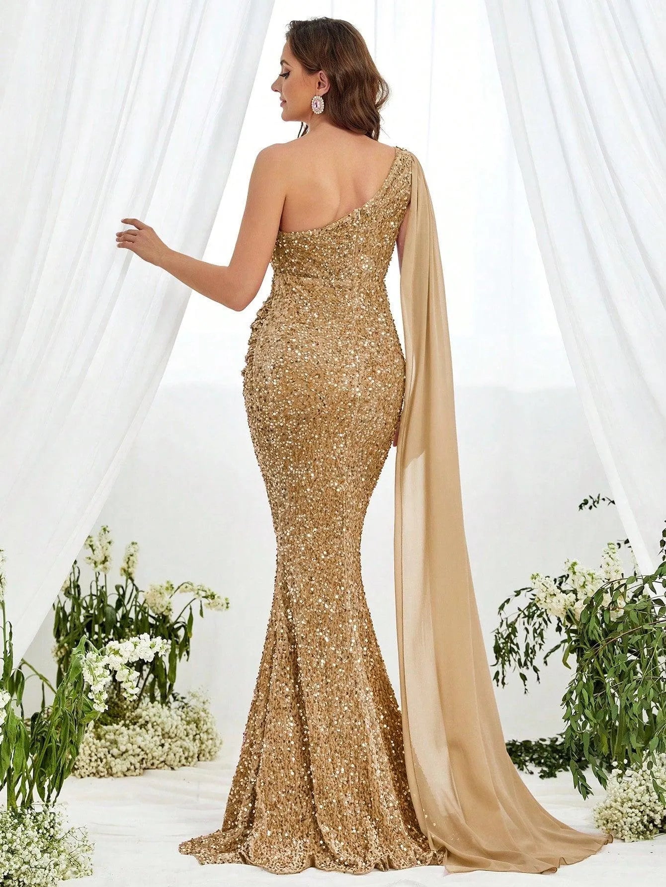 Maternity One Shoulder Draped Side Sequin Mermaid Dress - Elonnashop