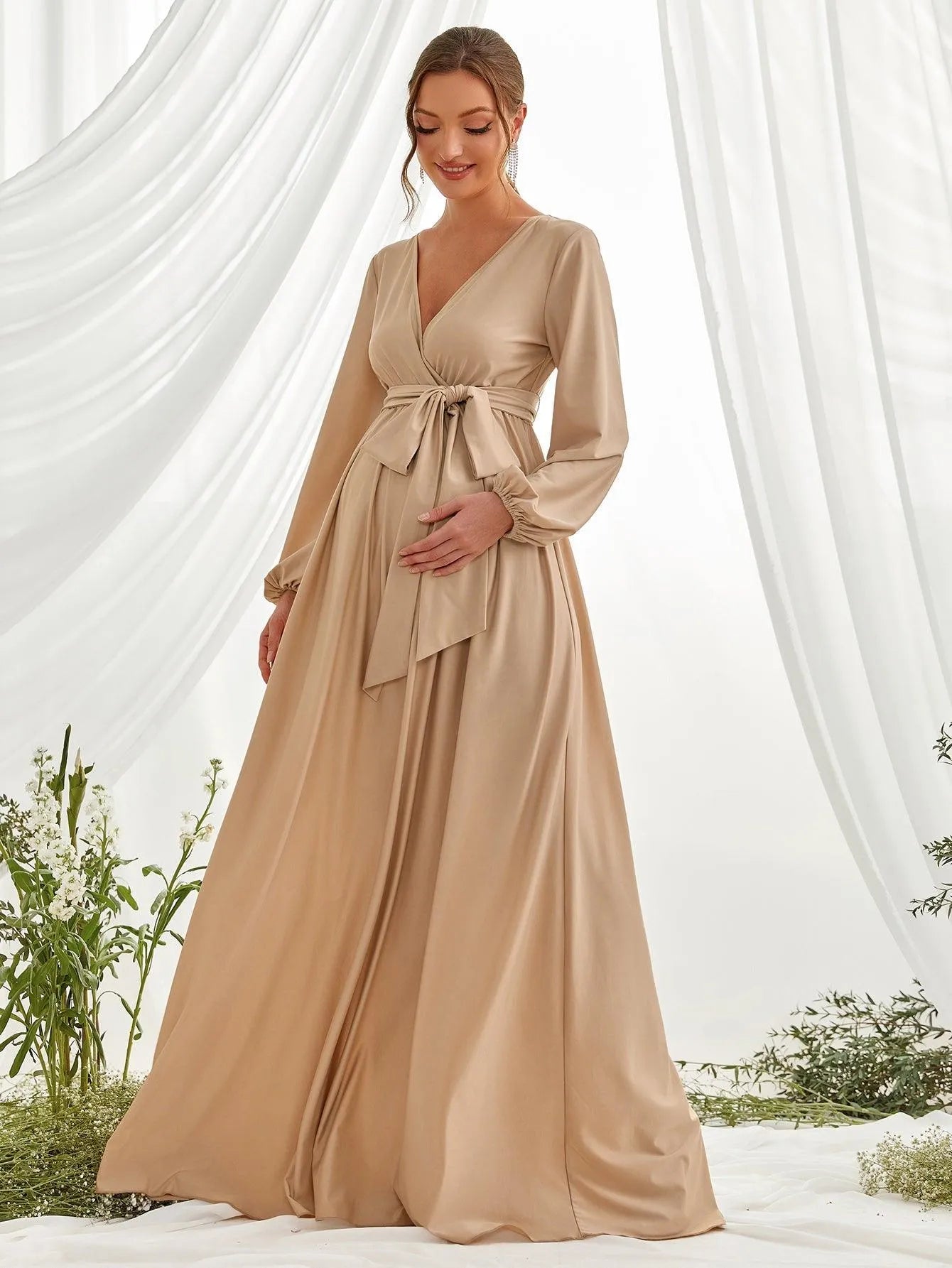 Maternity Surplice Neck A Line Belted Dress - Elonnashop