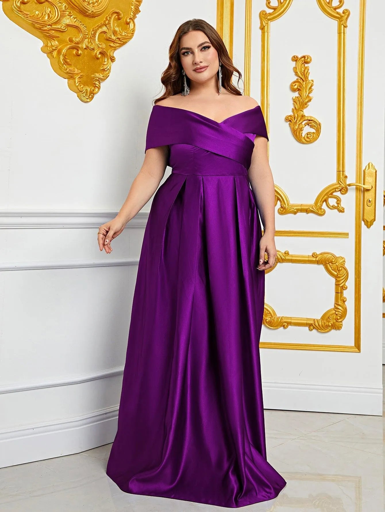 Plus Elegant Off Shoulder Satin A Line Prom Dress - Elonnashop