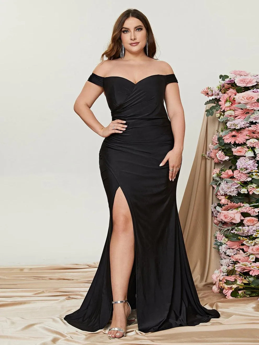 Plus Off Shoulder Ruched Wrap Hem Formal Dress - Elonnashop