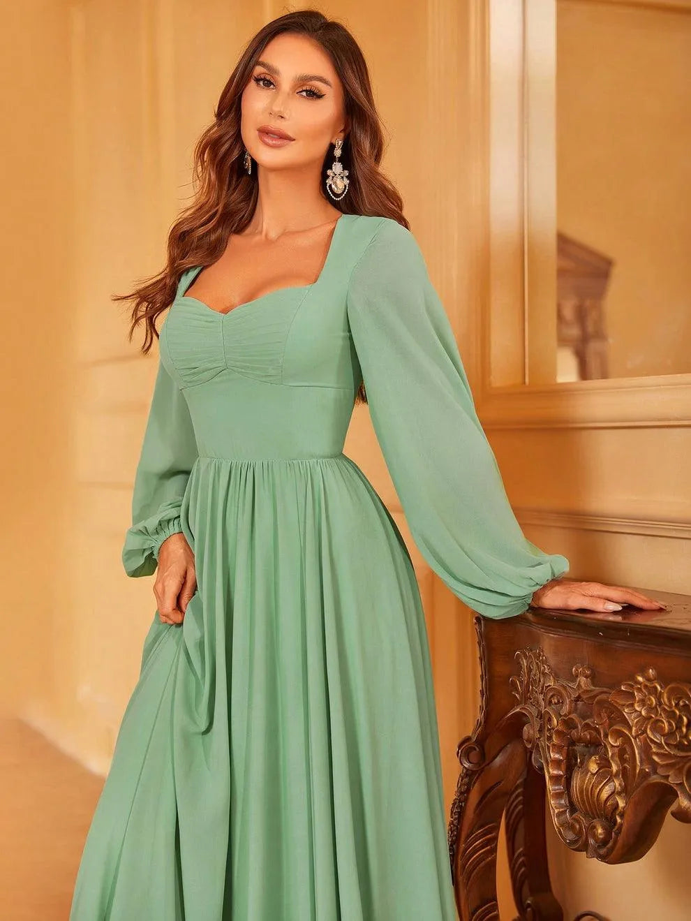 Solid Lantern Sleeves Chiffon A Line Dress - Elonnashop