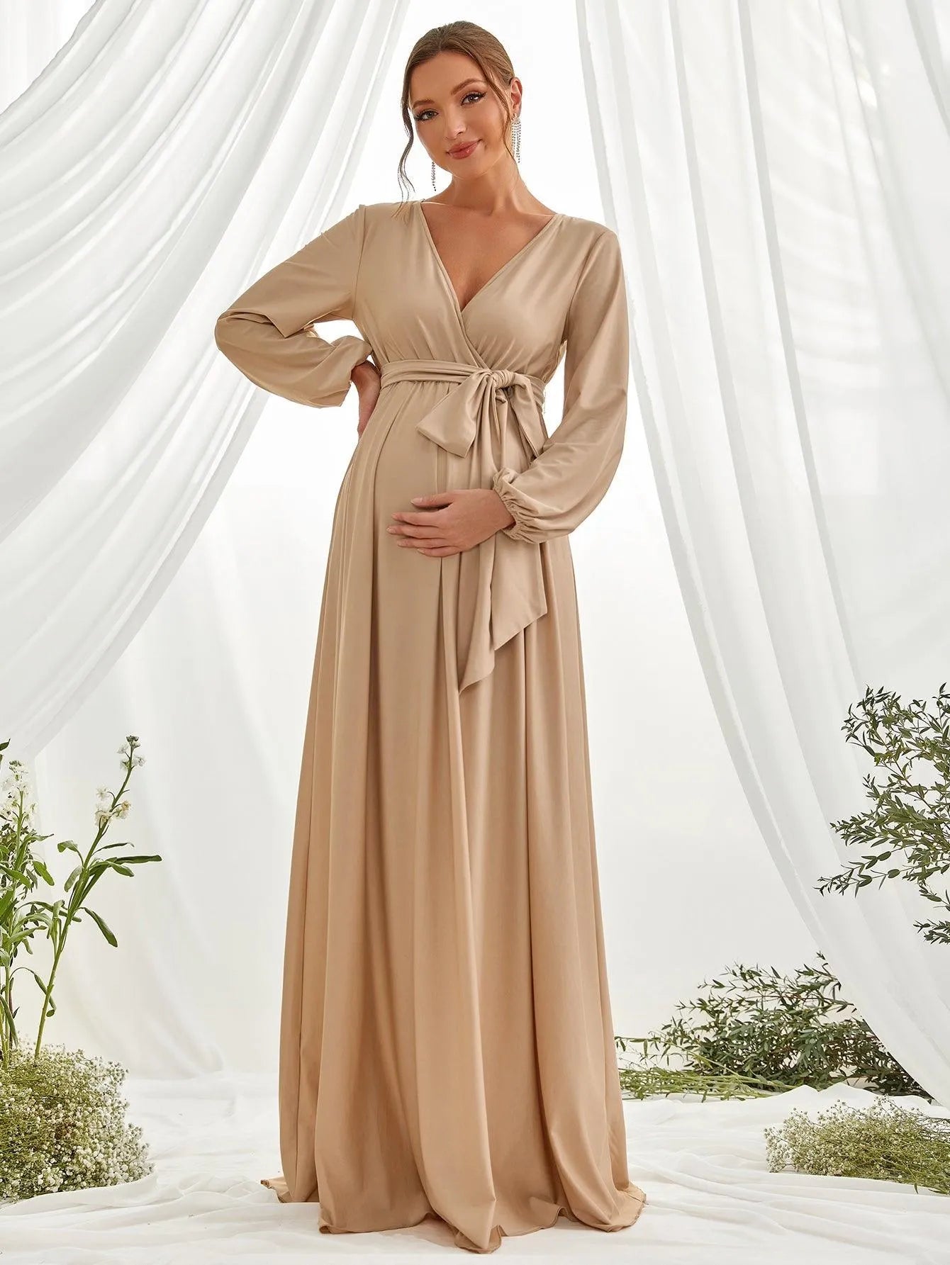 Maternity Surplice Neck A Line Belted Dress - Elonnashop