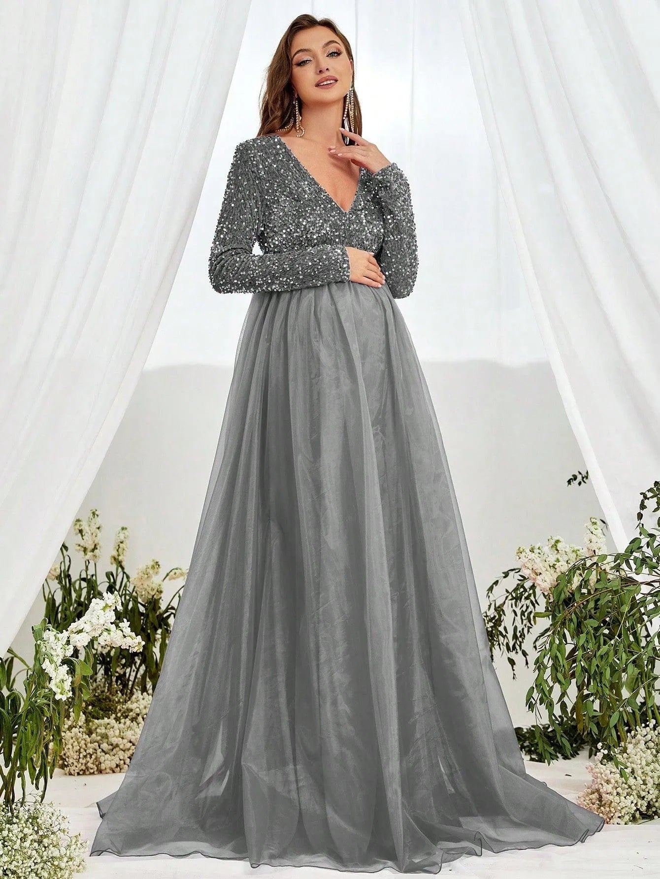 Maternity V Neck Long Sleeve Organza Hem Formal Dress - Elonnashop