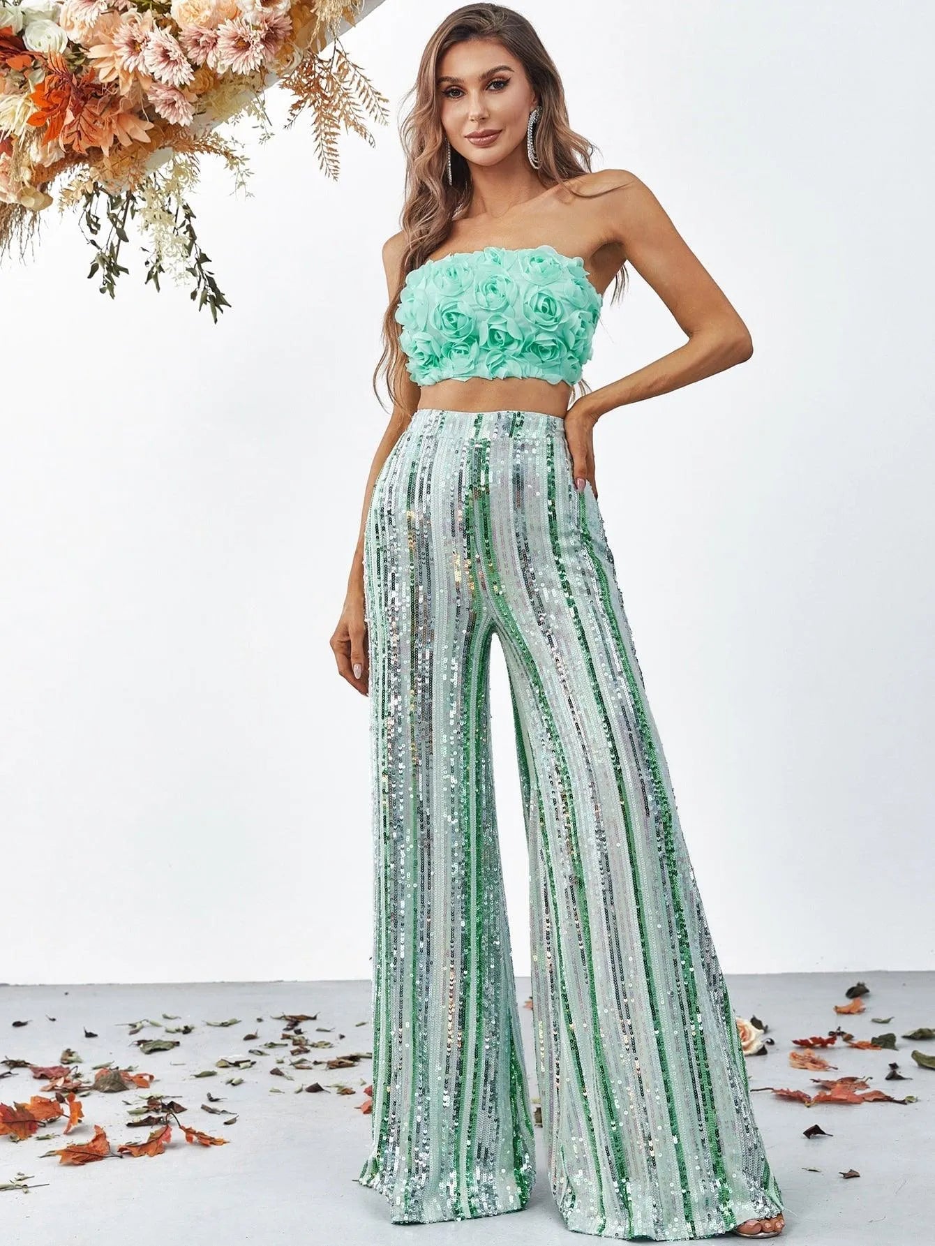 3D Flowers Tube Top & Sequin Wide Leg Pants - Elonnashop