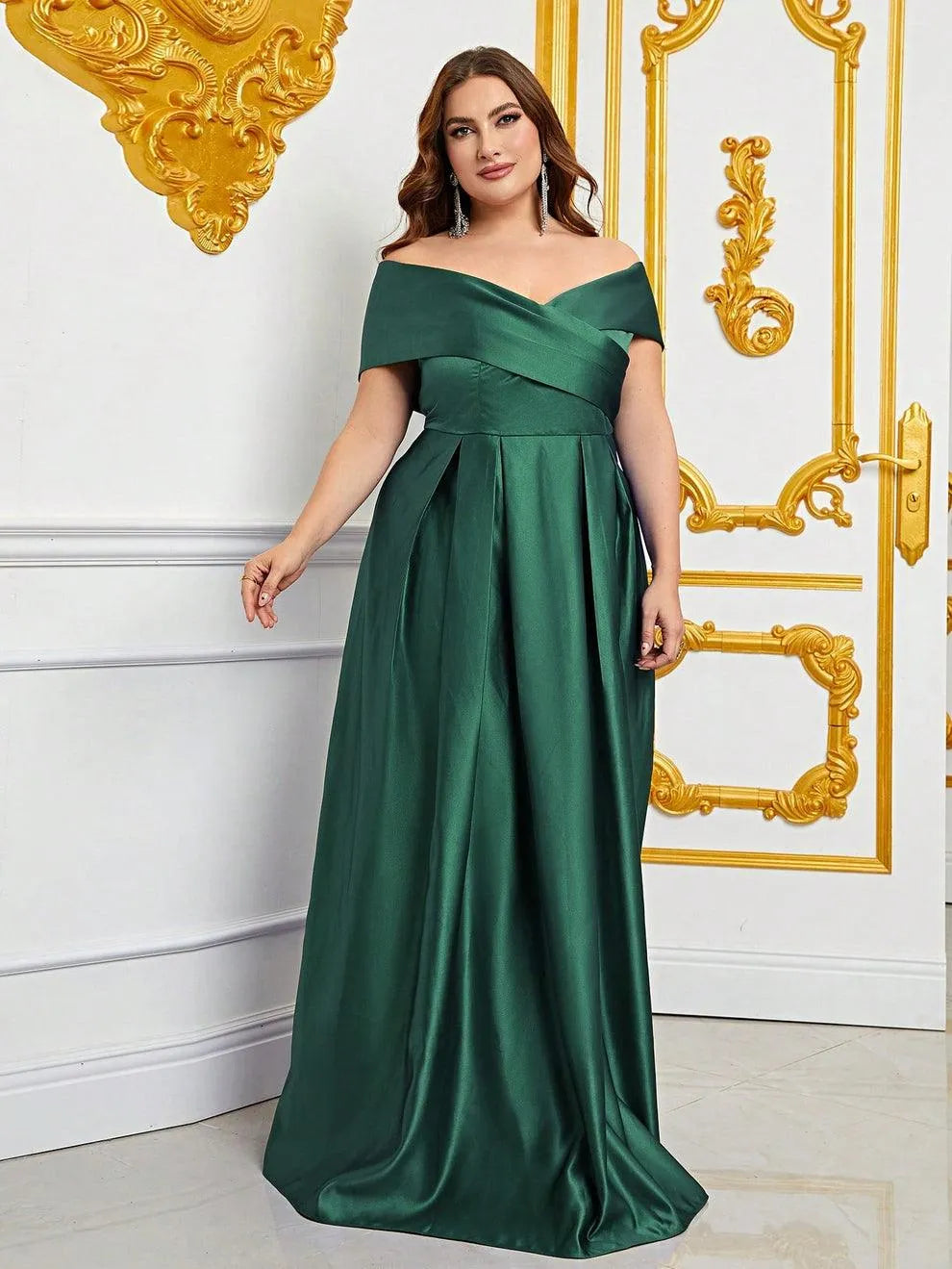 Plus Elegant Off Shoulder Satin A Line Prom Dress - Elonnashop