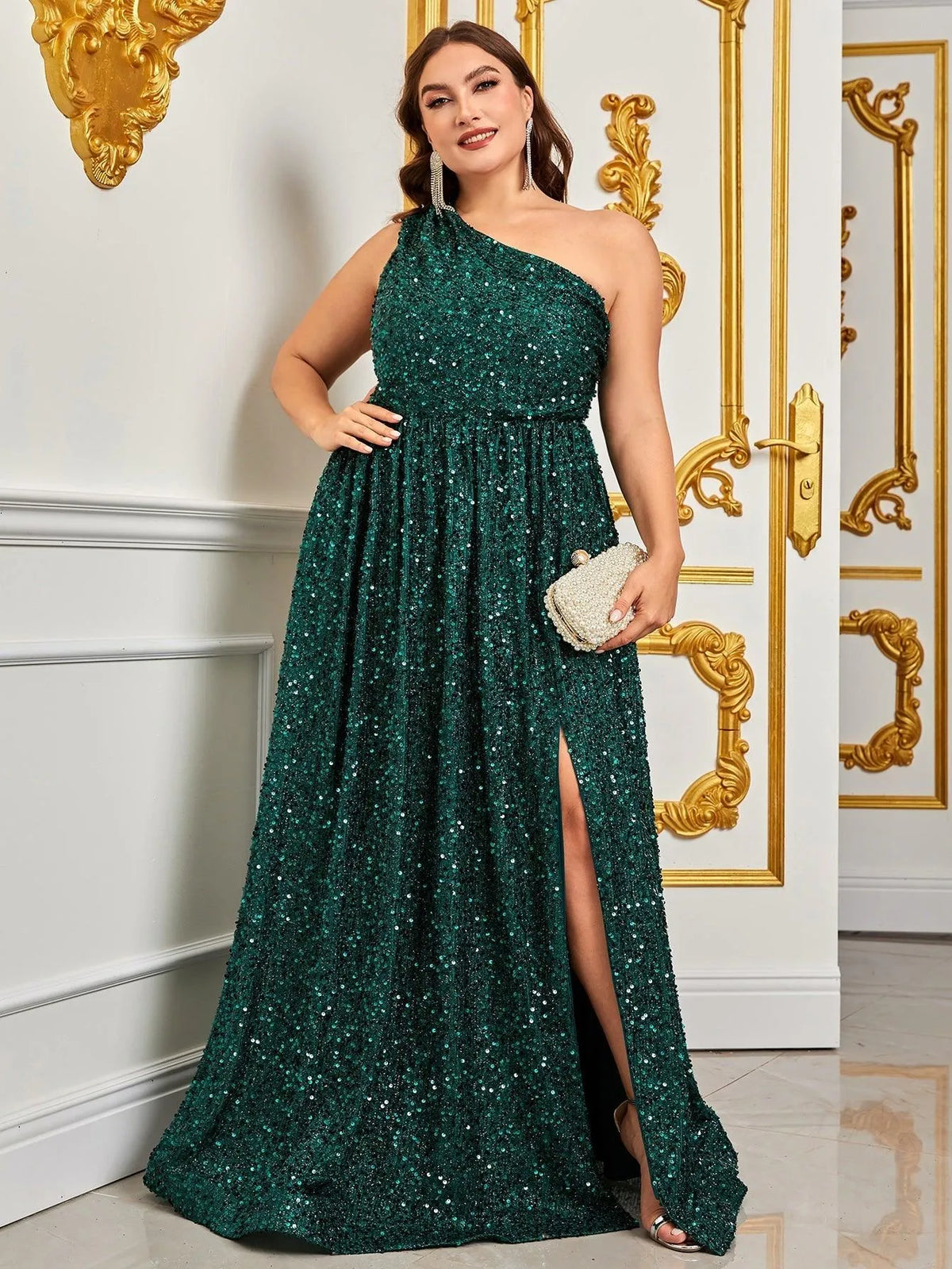 Plus Size One Shoulder Sleeveless Sequin A Line Dresses - Elonnashop