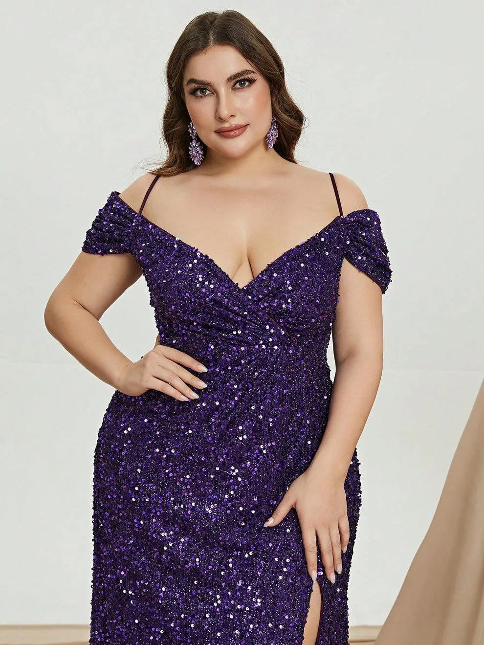 Plus Off Shoulder Short Sleeve Sequin Slit Party Dress - Elonnashop