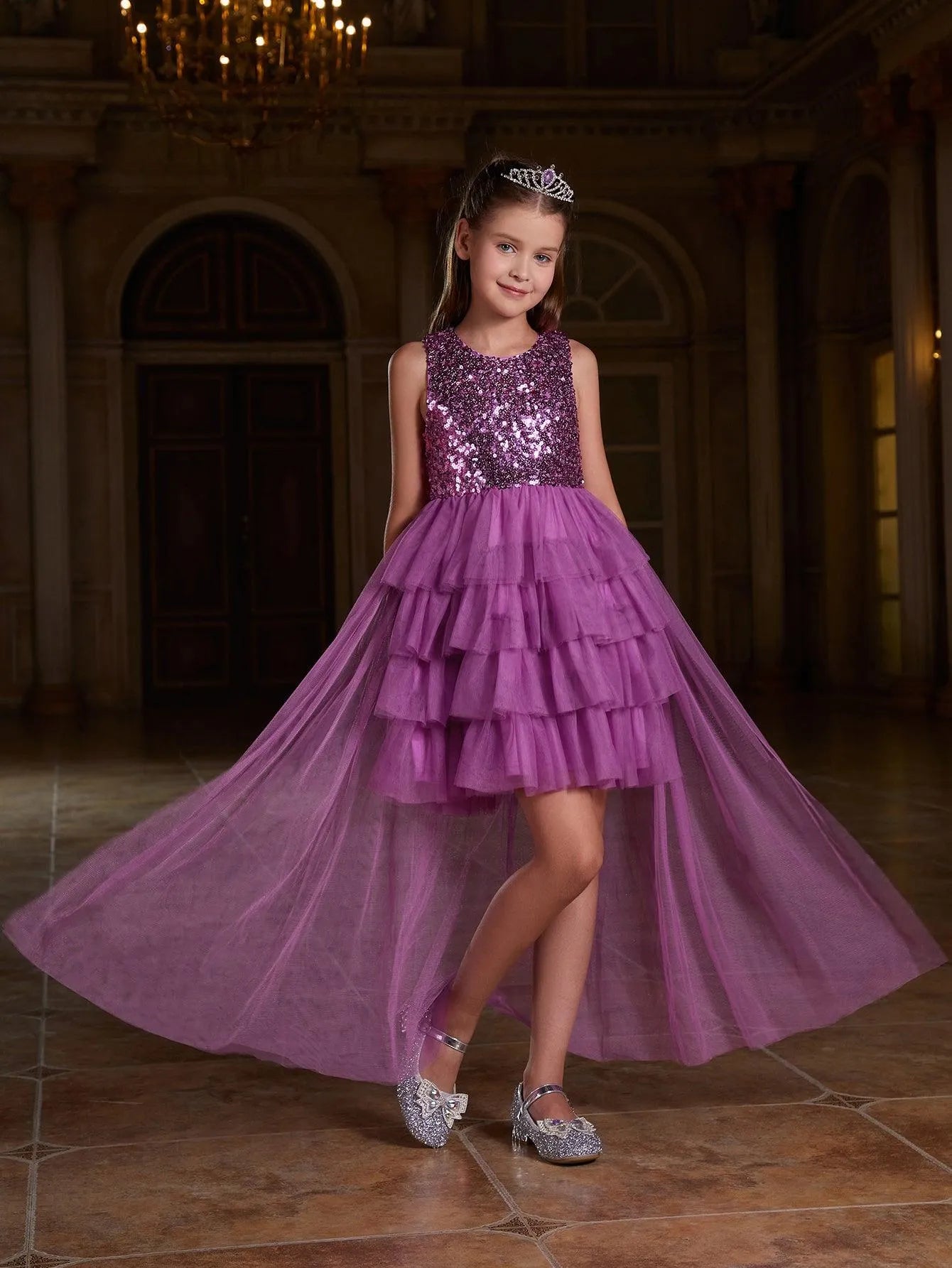 Tween Girls' Mesh Layered Hem Sequin Party Dress - Elonnashop