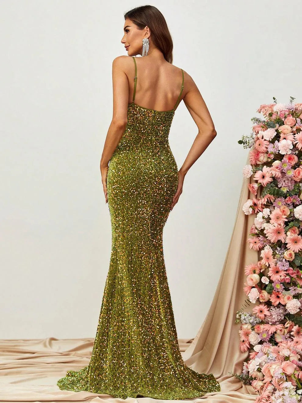 Elegant Spaghetti Straps Sequin Mermaid Dresses - Elonnashop