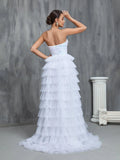 Sequin Bodice Contrast Cascading Ruffle Wedding Dresses - Elonnashop