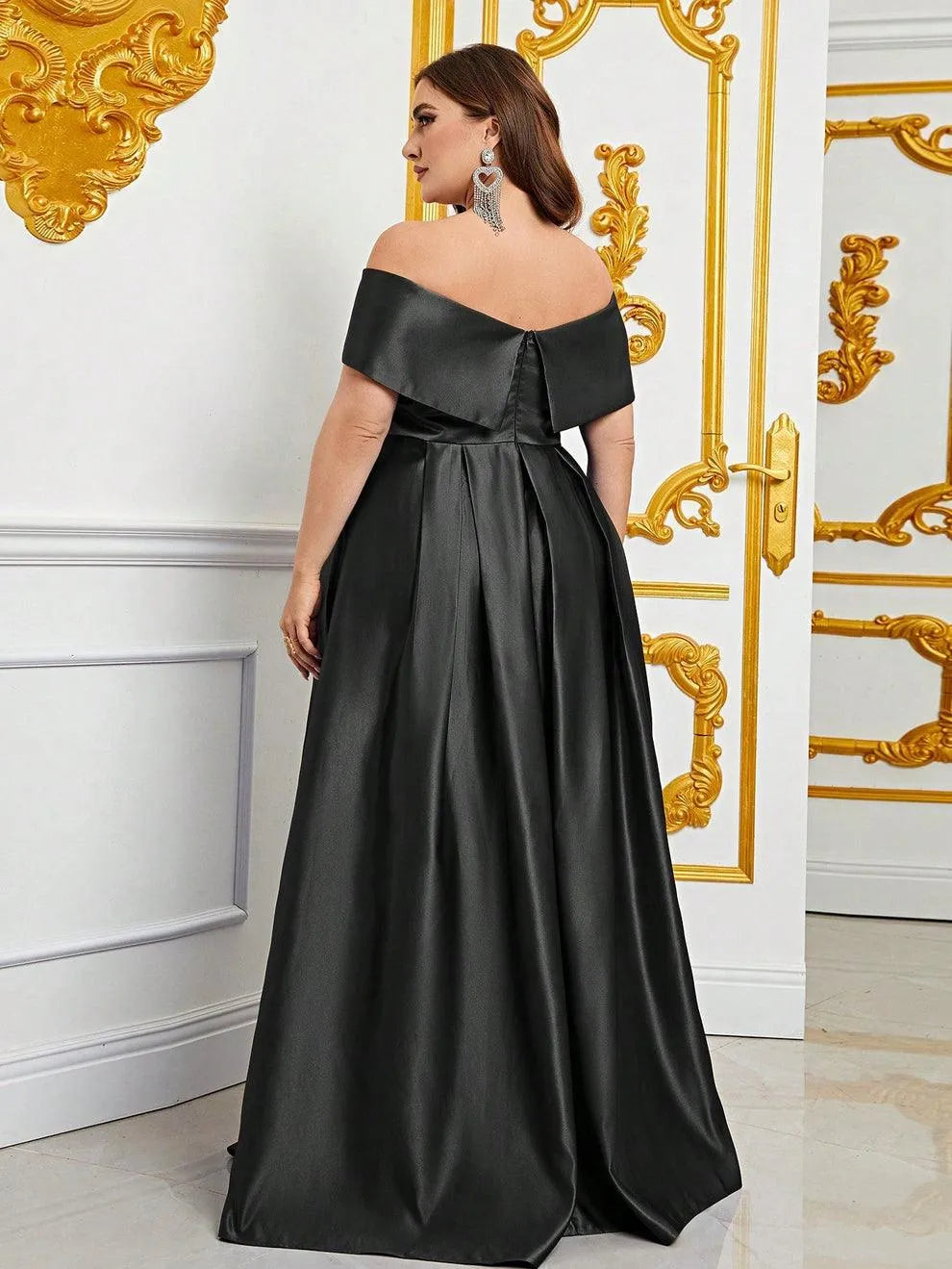 Plus Elegant Off Shoulder Satin A Line Prom Dress - Elonnashop