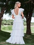 Plunging Neck Backless Ruffle Trim Mesh Wedding Dress - Elonnashop