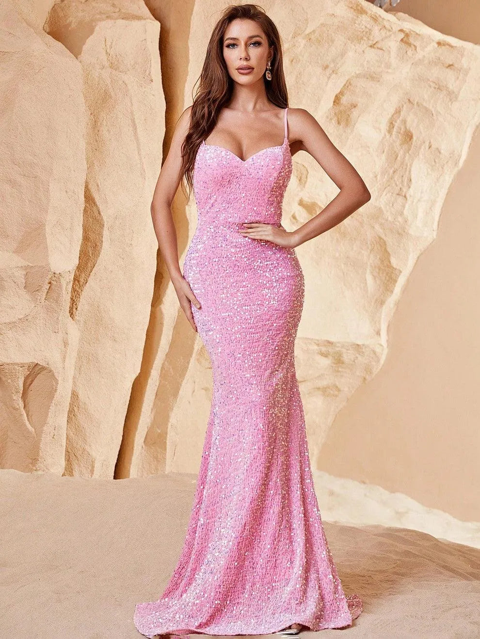 Elegant Spaghetti Straps Sequin Mermaid Dresses - Elonnashop