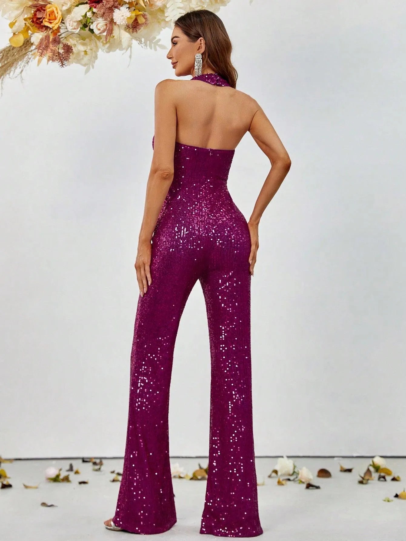 Crisscross Cut Out Sequin Flare Leg Jumpsuit - Elonnashop