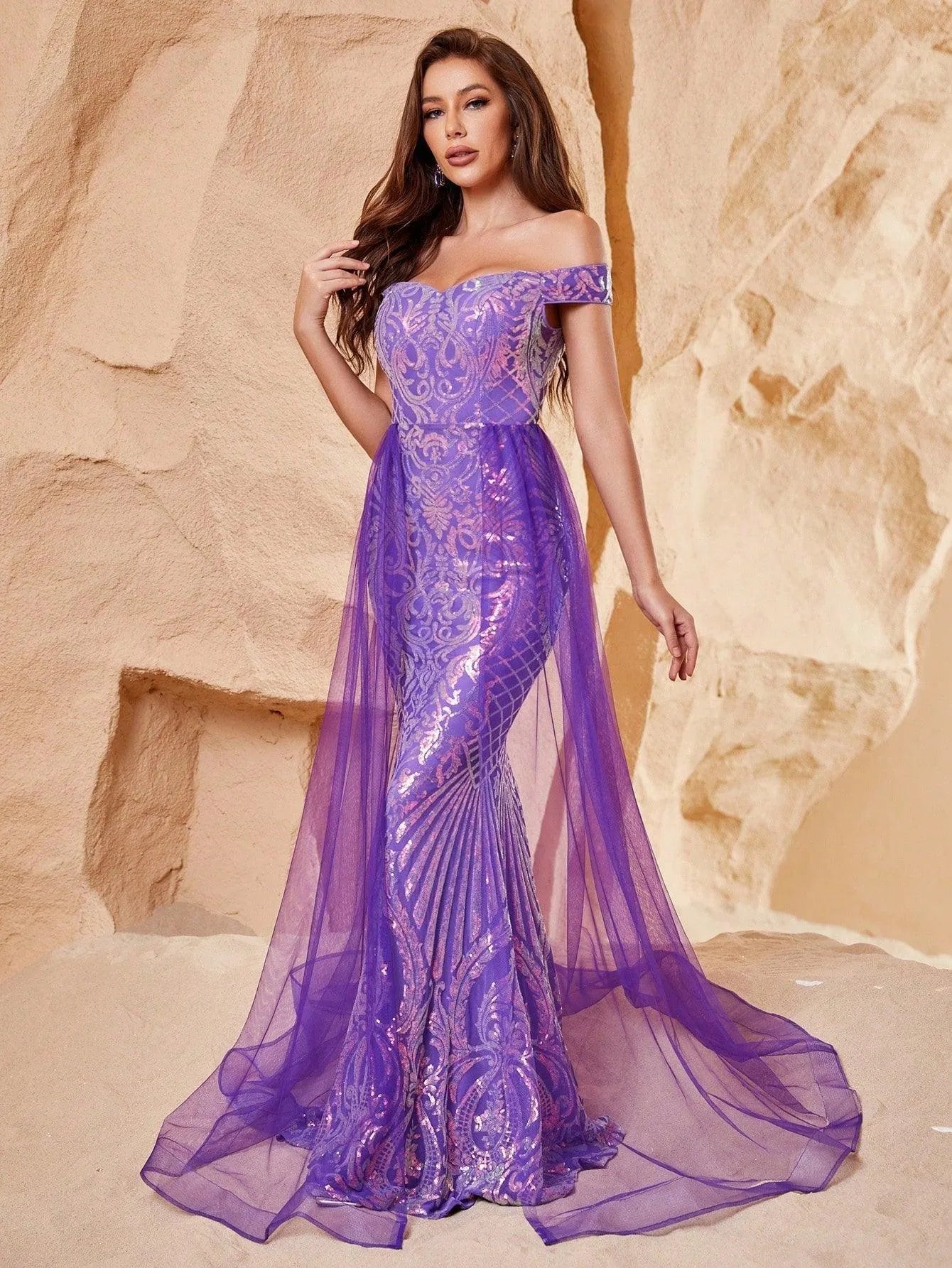 Elegant Off Shoulder Short Sleeve Mermaid Prom Dresses - Elonnashop