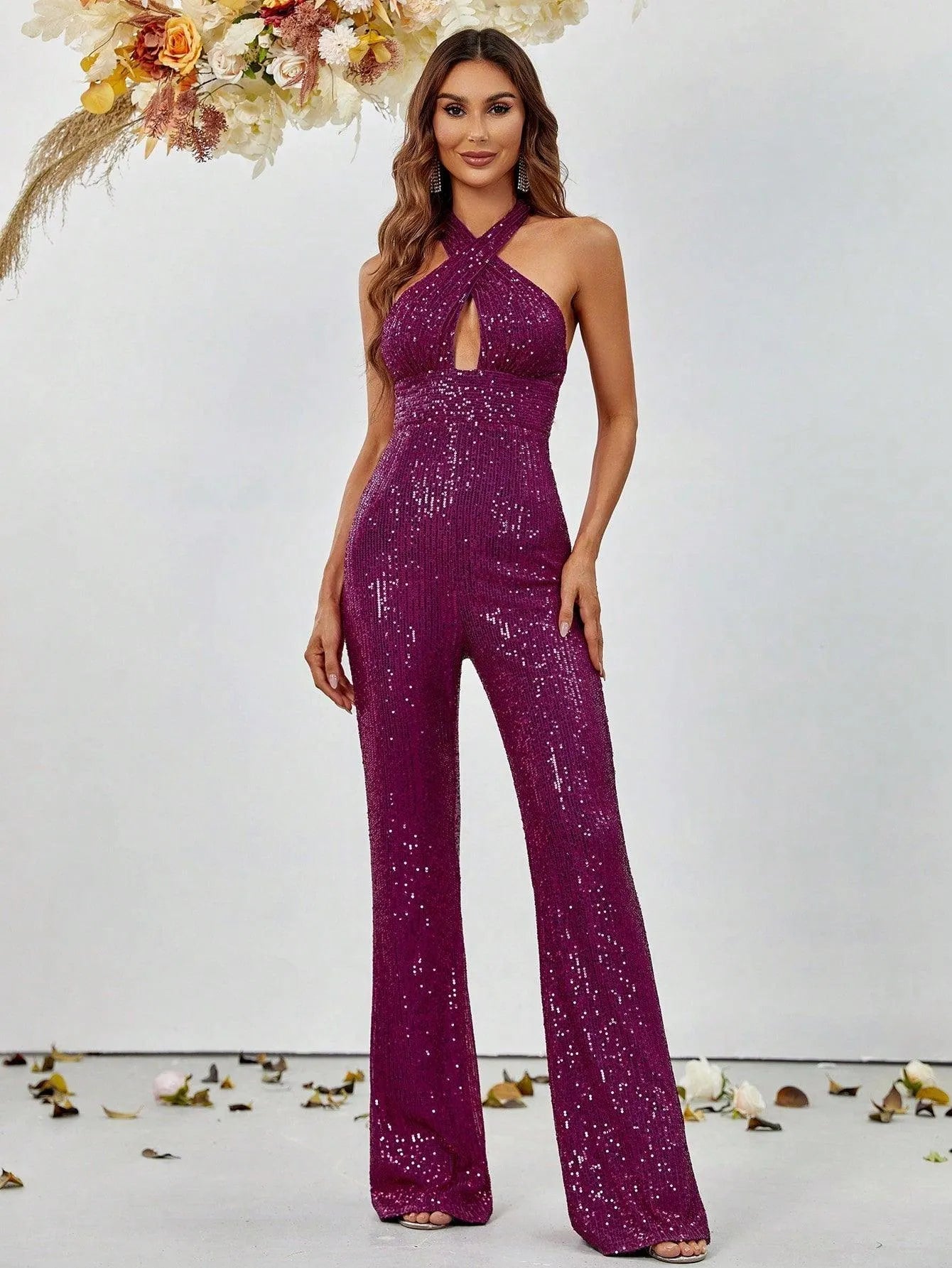 Crisscross Cut Out Sequin Flare Leg Jumpsuit - Elonnashop