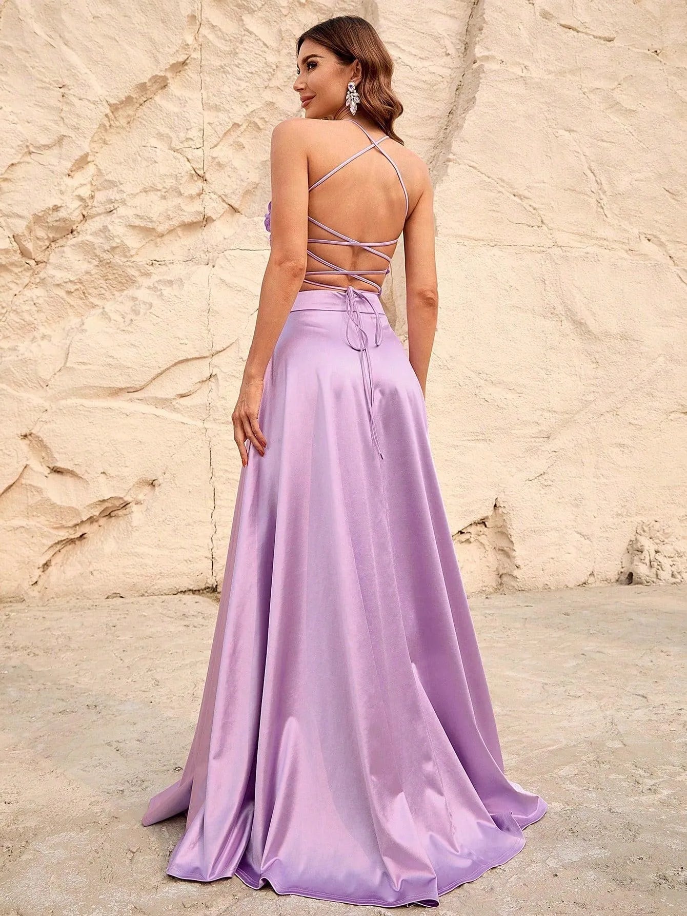 Backless Lace Up 3D Flower Tube Top & Satin Slit Skirt - Elonnashop