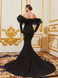 Dramatic Off-Shoulder Gown with Voluminous Sleeves - Elonnashop