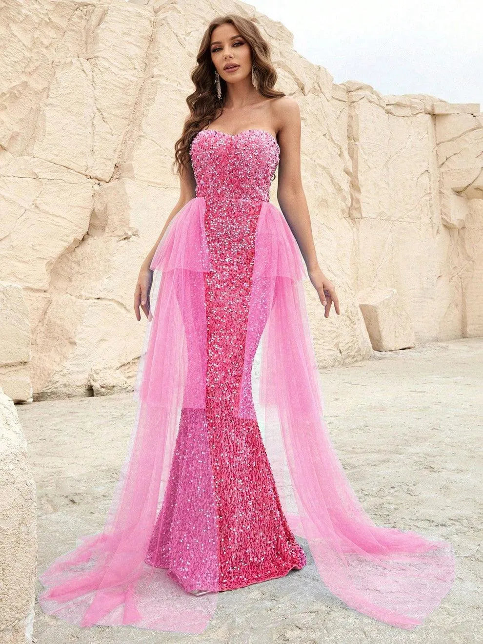 Elegant Mesh Overlay Sequin Mermaid Hem Tube Dress - Elonnashop