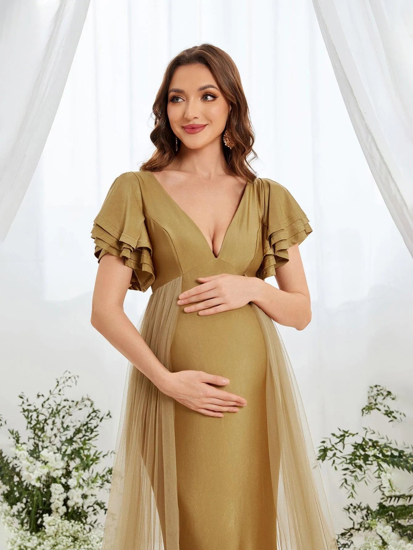 Maternity Plunging Neck Layered Ruffle Sleeve Mermaid Dress - Elonnashop