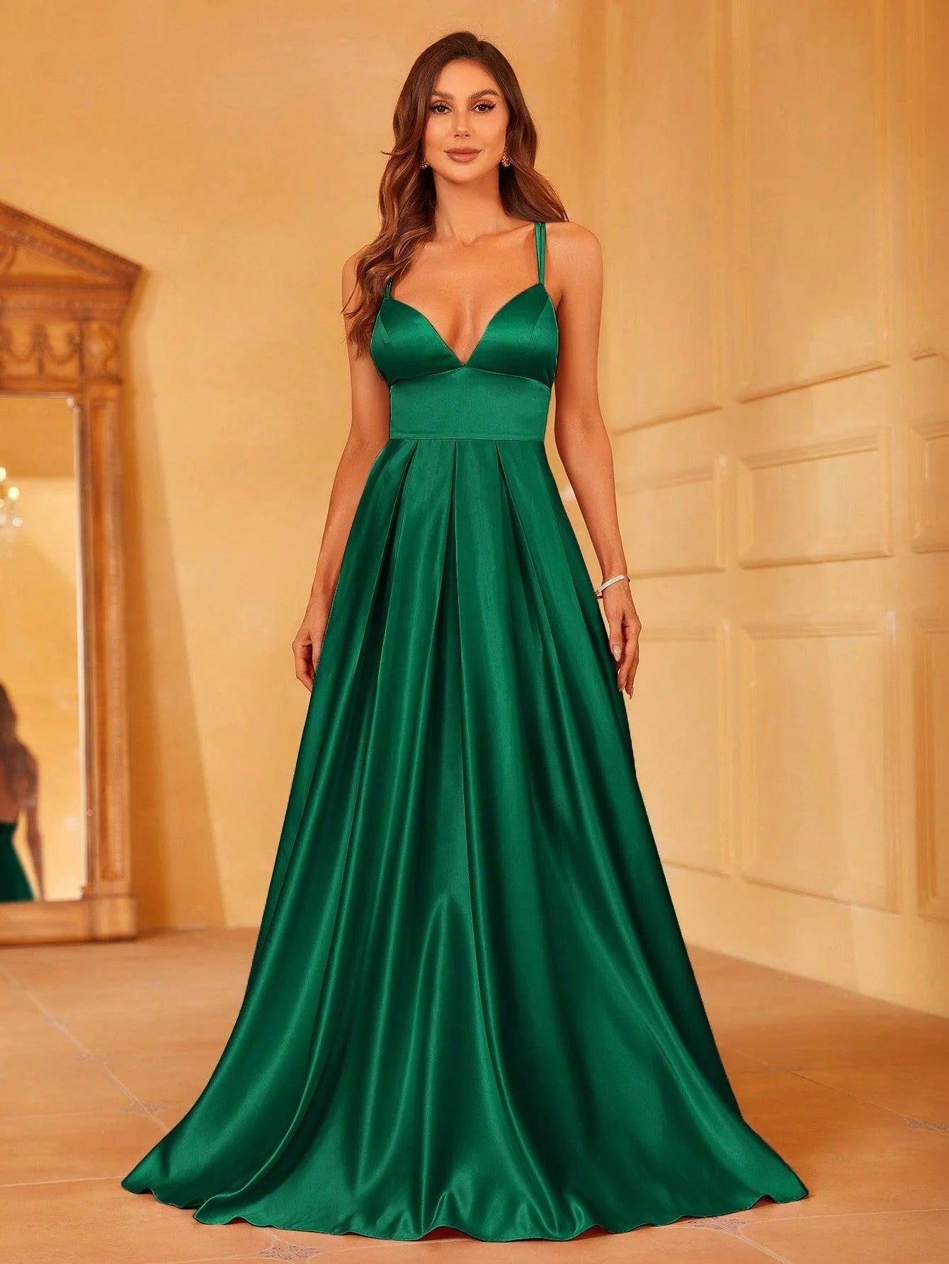 Plunging Neck Floor Length Satin Cami Party Dress - Elonnashop