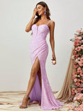 Spaghetti Strap Sweetheart Neck Sequin Slit Dress - Elonnashop