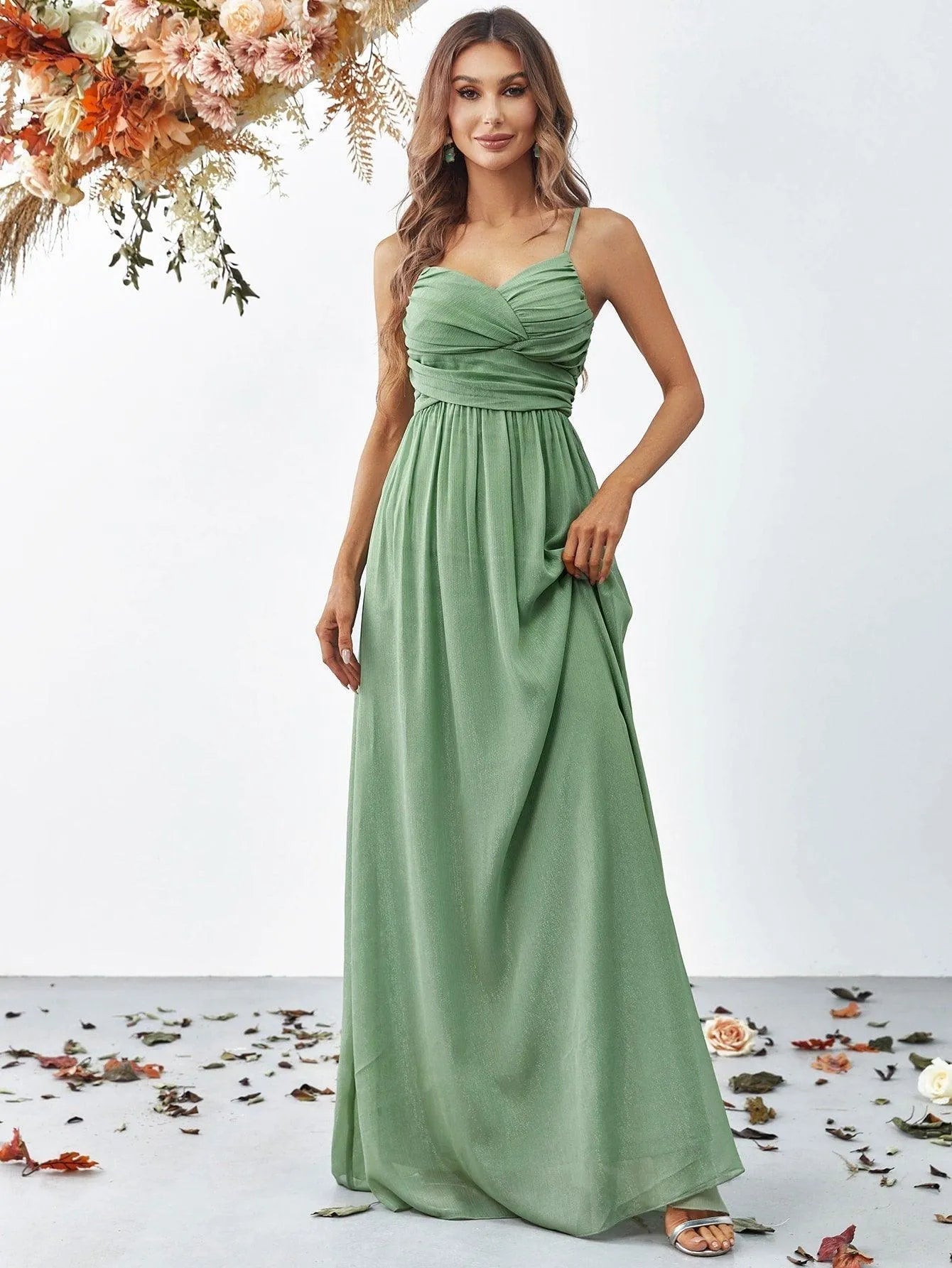 Solid Ruched Front Floor Length Cami Dresses - Elonnashop