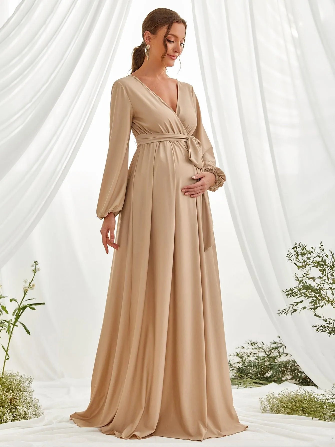 Maternity Surplice Neck A Line Belted Dress - Elonnashop