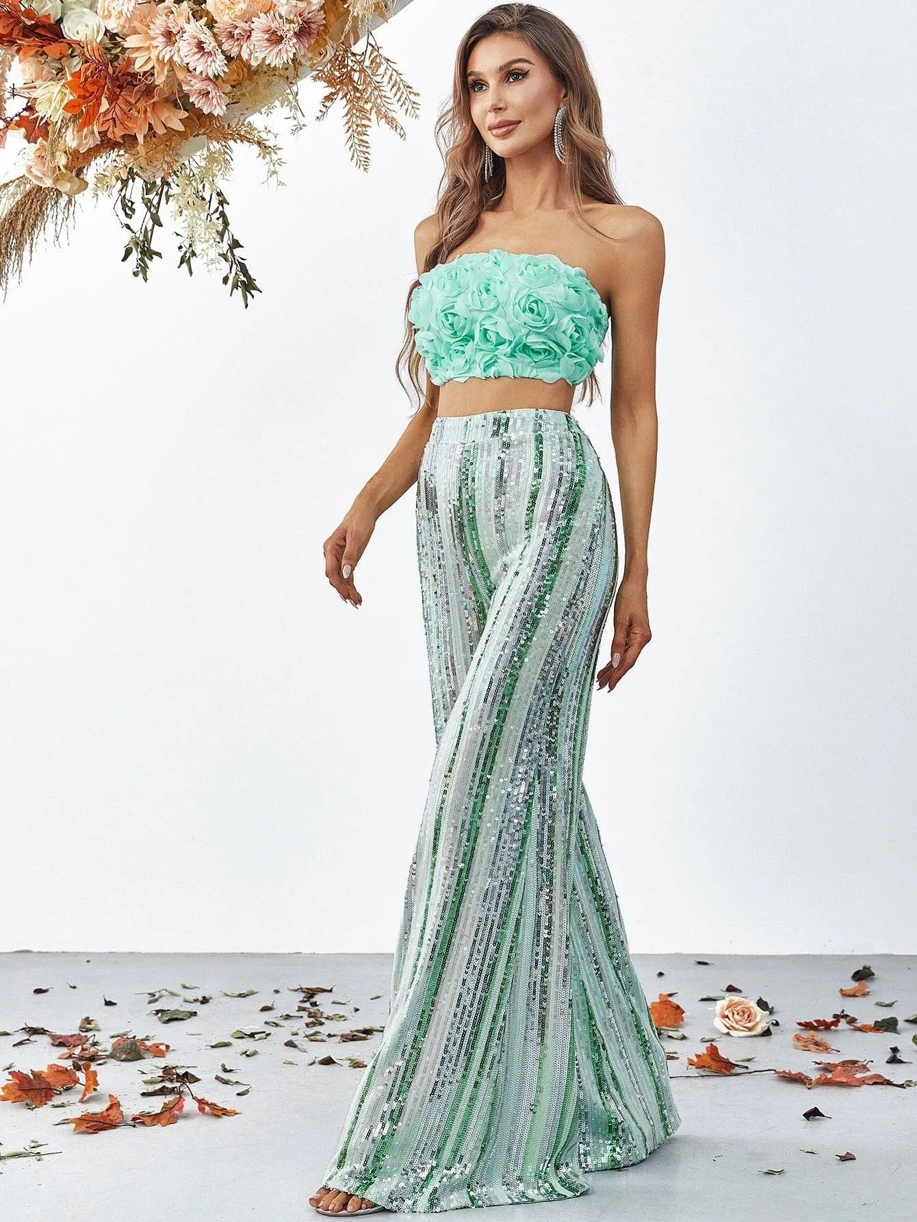 3D Flowers Tube Top & Sequin Wide Leg Pants - Elonnashop