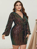 Plus Surplice Neck Lantern Sleeves Sequin Belted Dress - Elonnashop