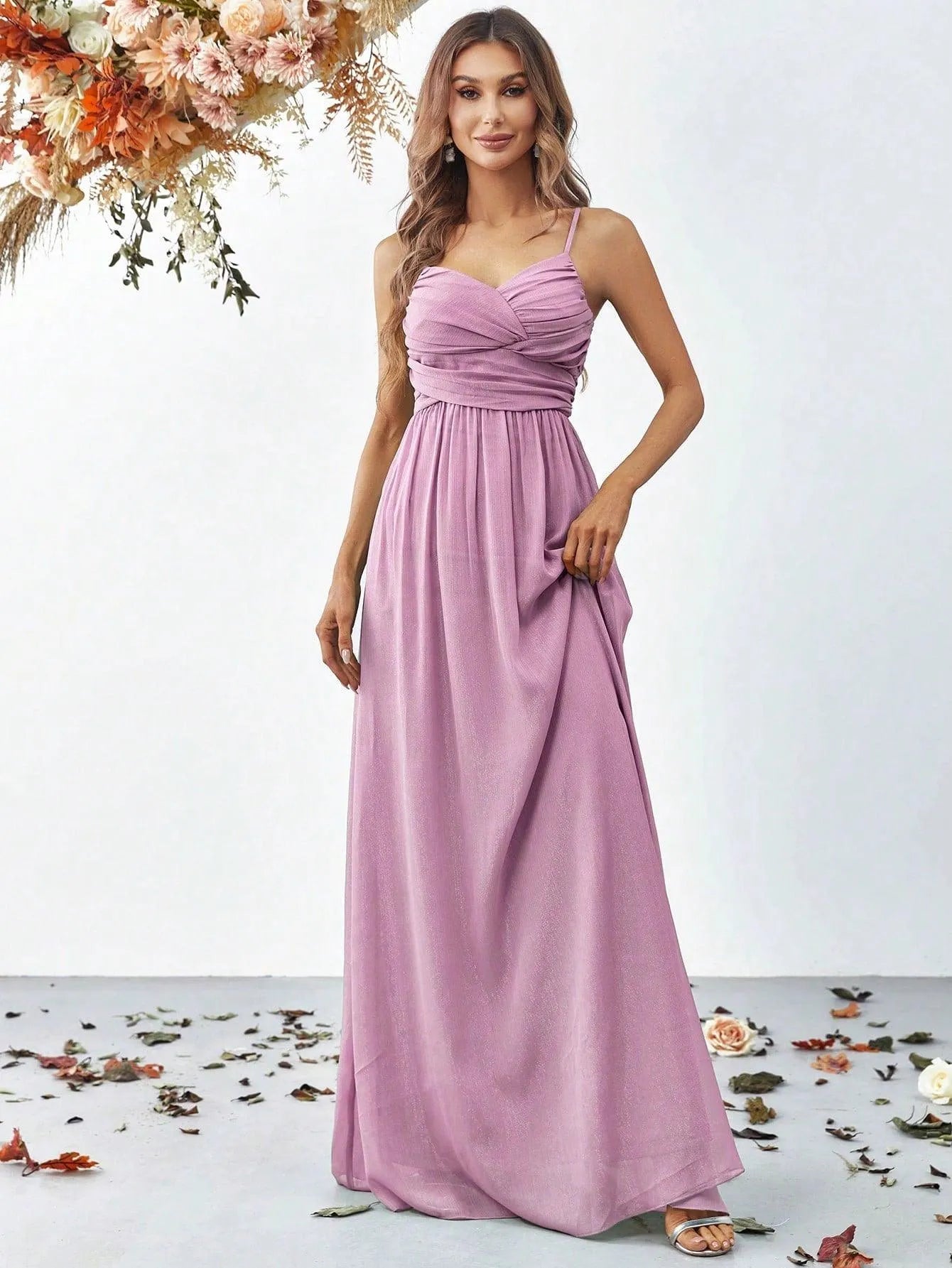 Solid Ruched Front Floor Length Cami Dresses - Elonnashop