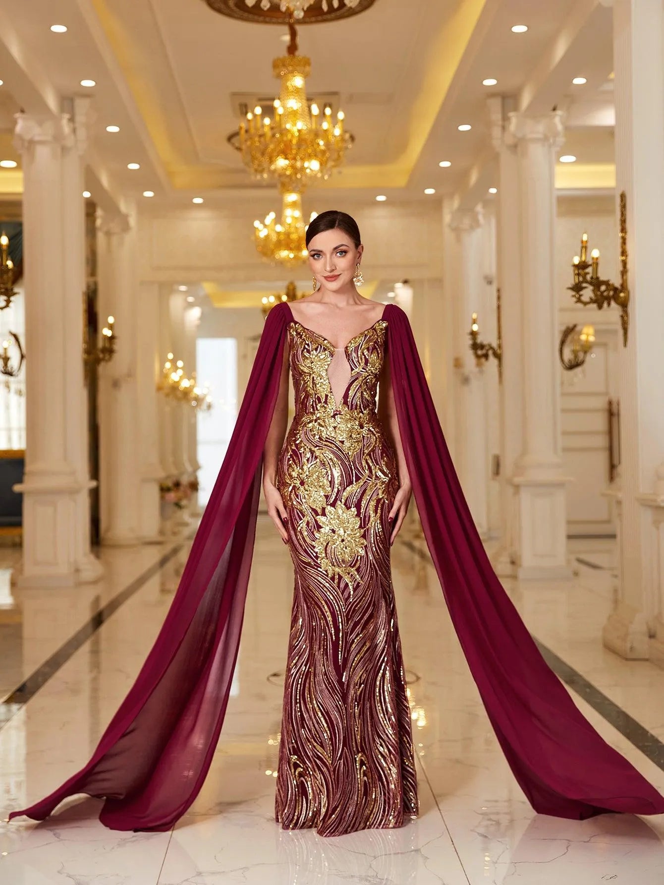 Regal Burgundy Sequin-Embellished Gown - Elonnashop