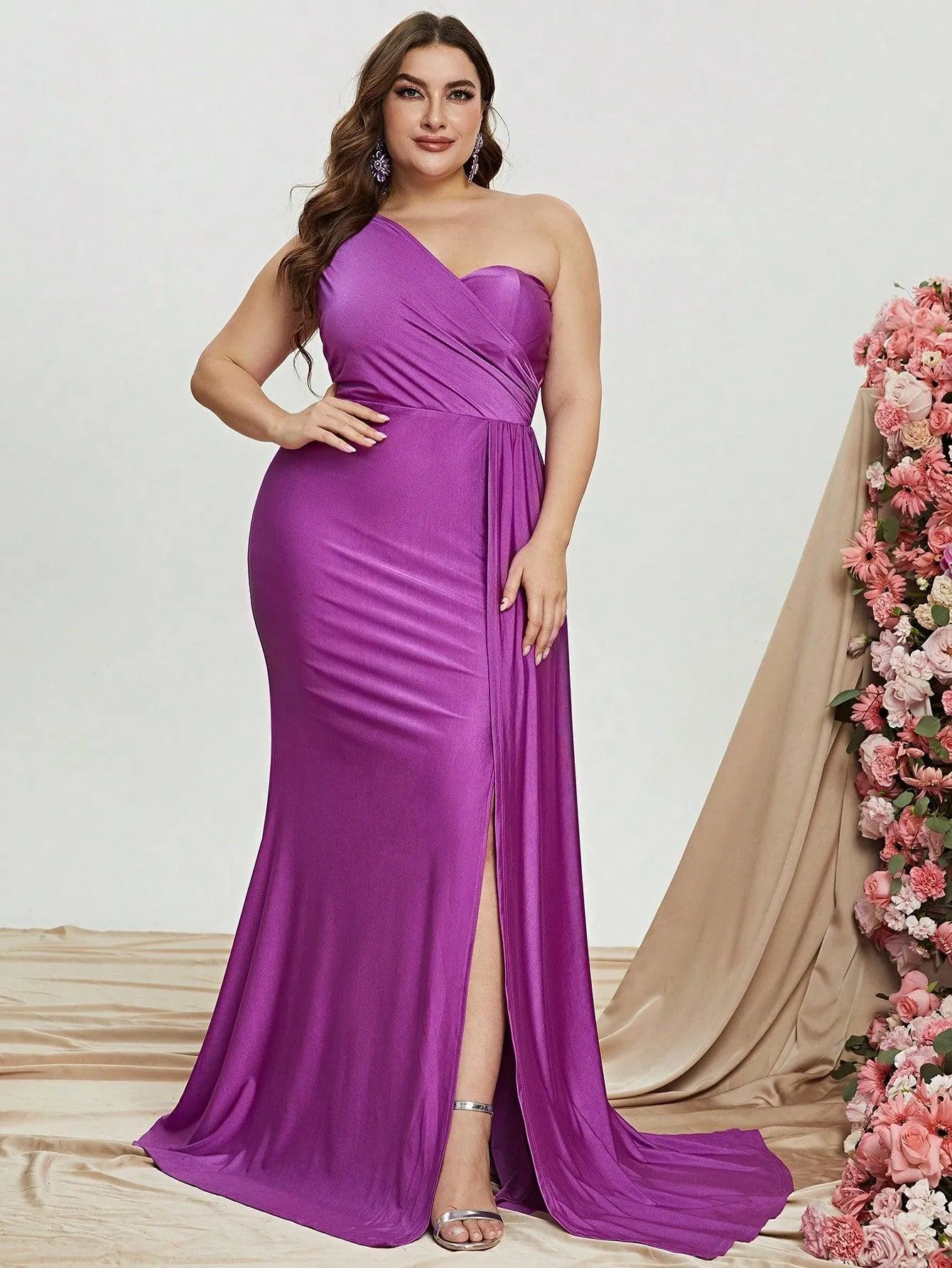 Plus One Shoulder Draped Side Split Thigh Formal Dress - Elonnashop