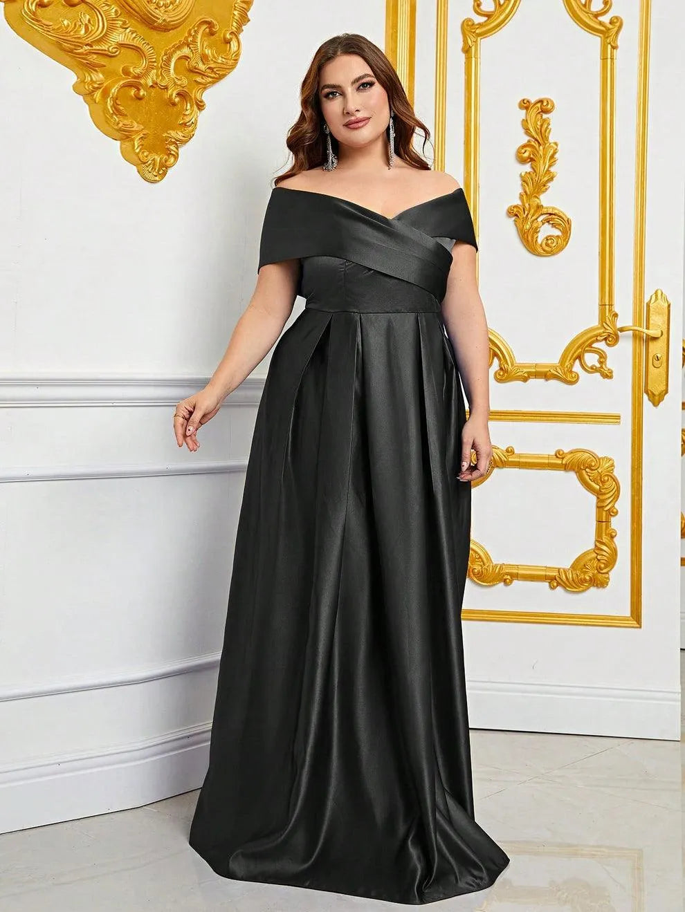 Plus Elegant Off Shoulder Satin A Line Prom Dress - Elonnashop