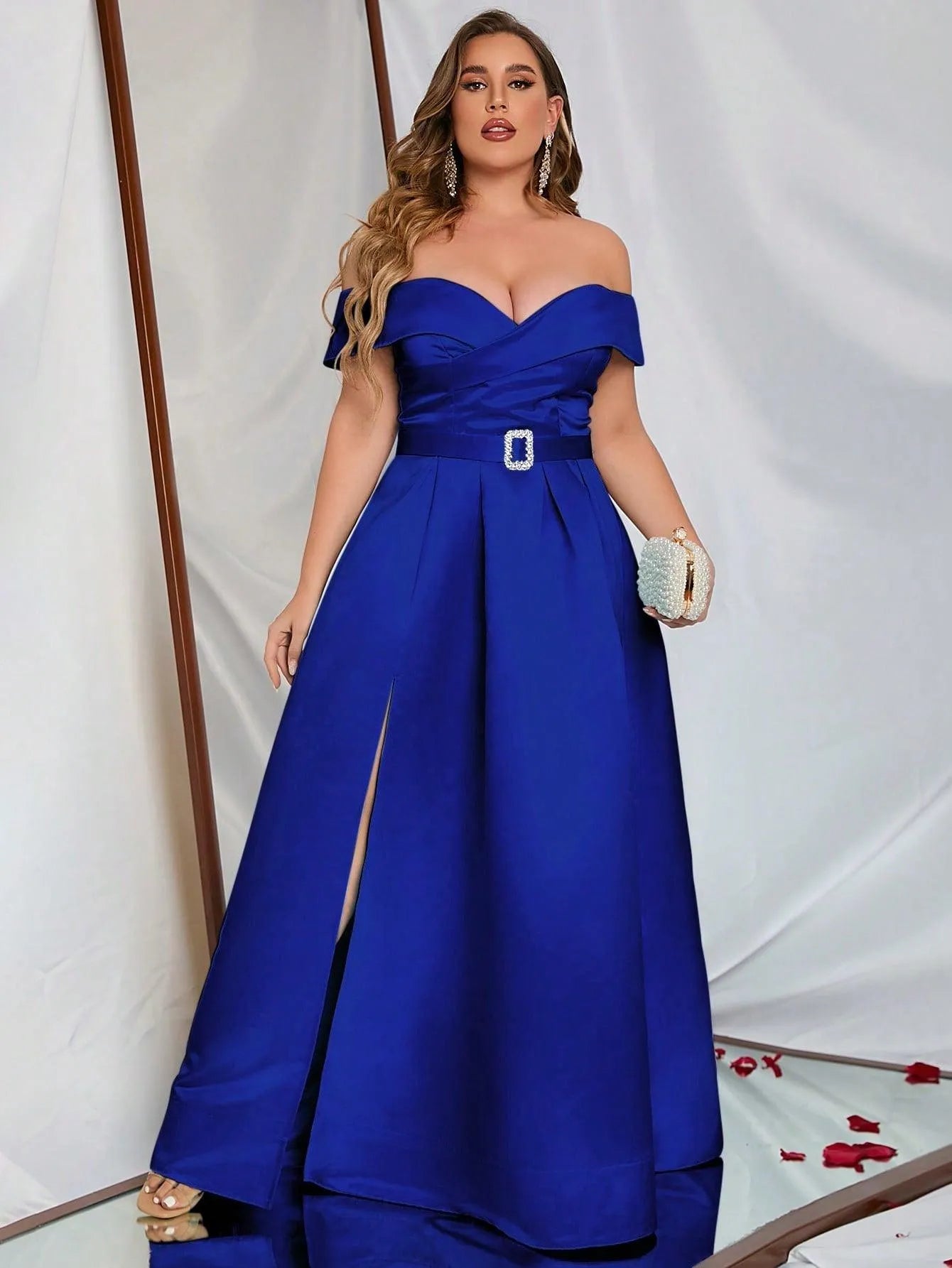 Plus Off Shoulder Buckle Belted Satin Ball Gown - Elonnashop