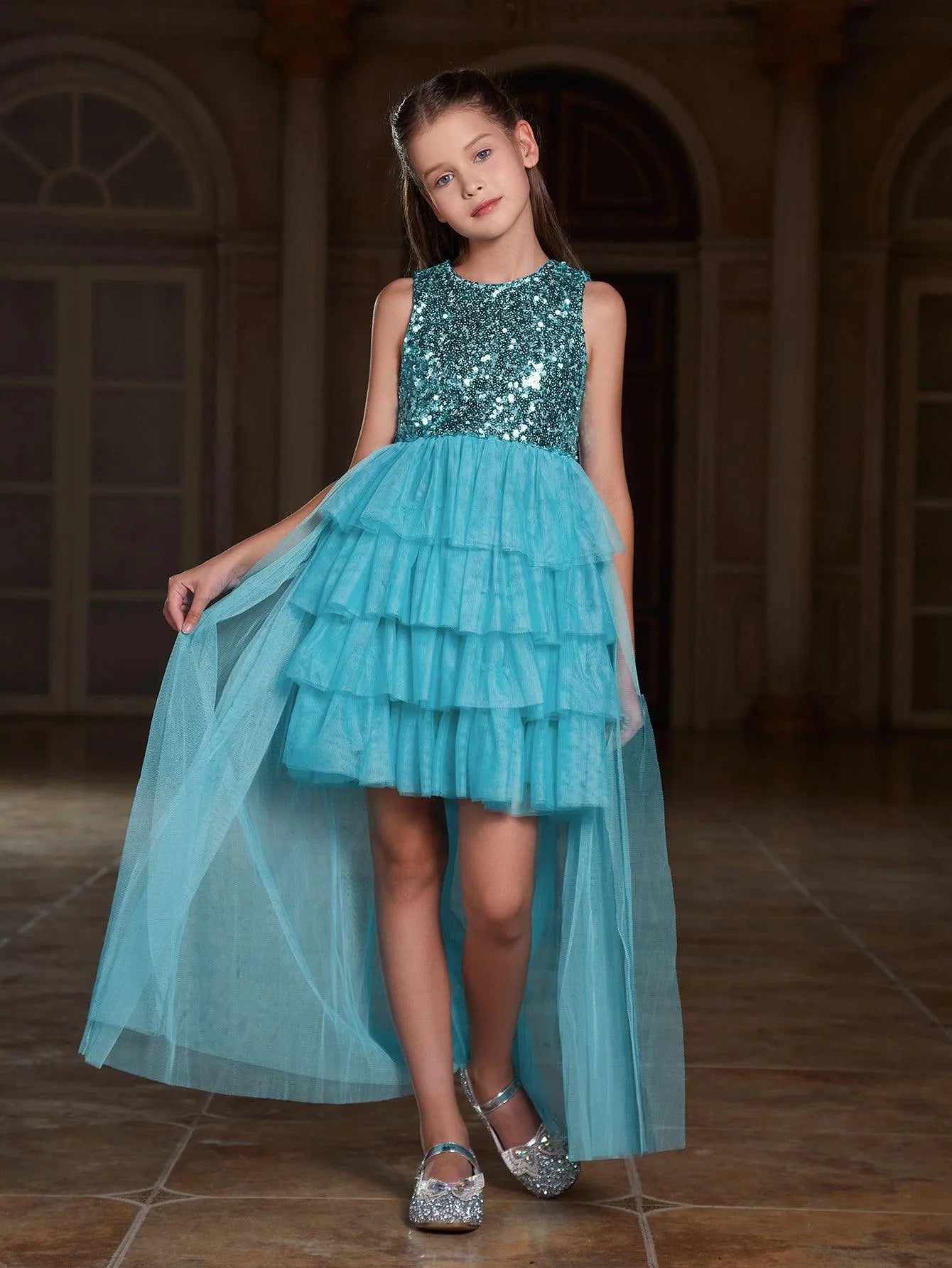 Tween Girls' Mesh Layered Hem Sequin Party Dress - Elonnashop