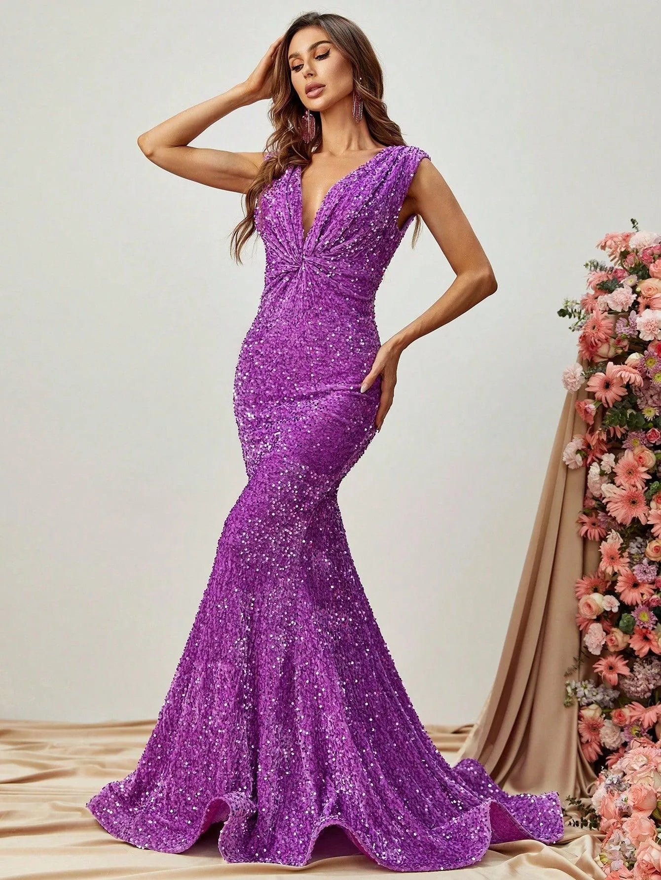 Twist Front Mermaid Hem Sequin Prom Dress - Elonnashop