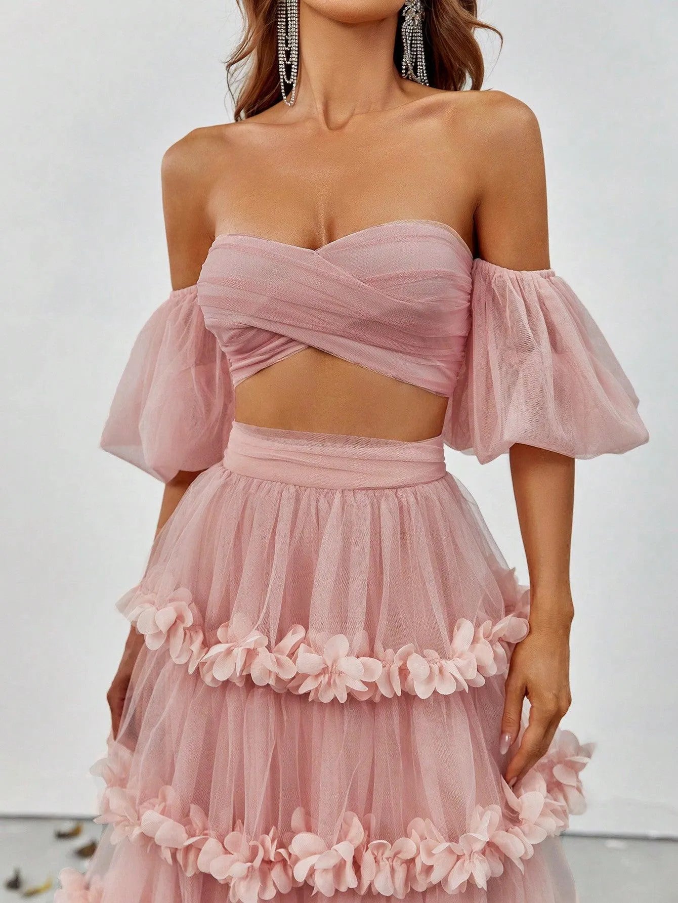 Off Shoulder Puff Sleeve Crop Top & Frill Trim Mesh Skirt - Elonnashop