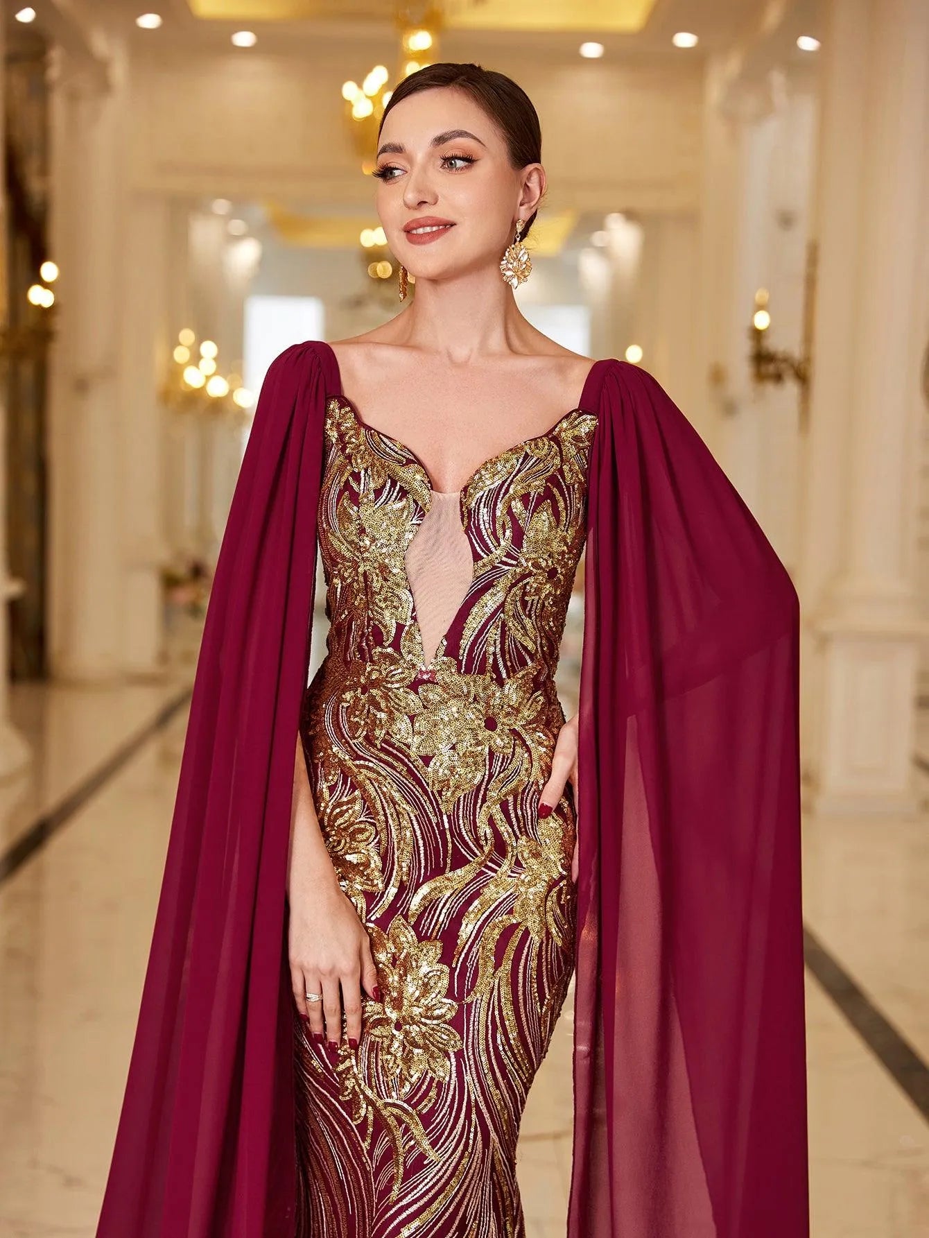 Regal Burgundy Sequin-Embellished Gown - Elonnashop