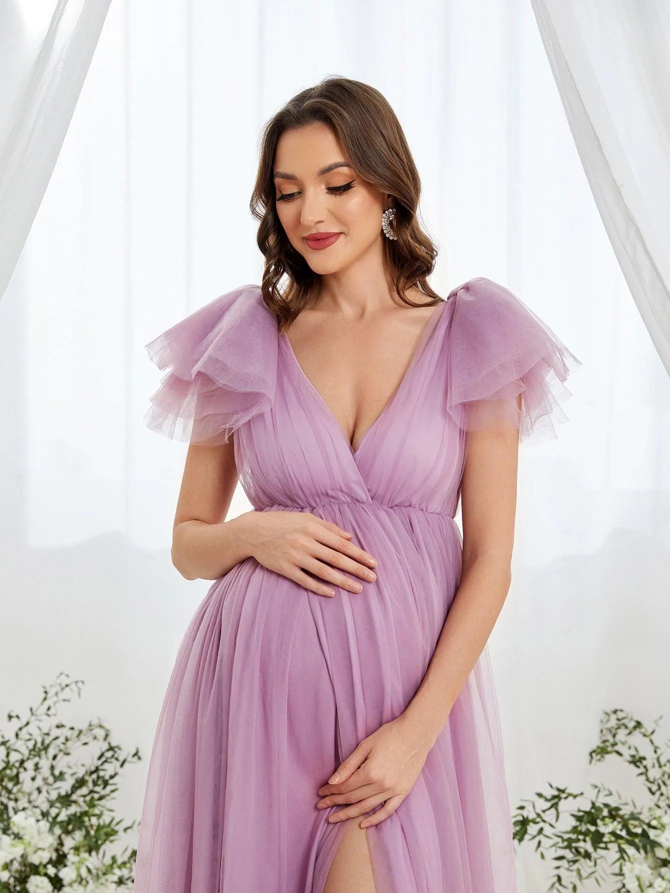 Maternity Plunging Neck Ruffle Sleeve Mesh Slit Dress - Elonnashop